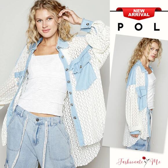 POL Vintage Inspired High-Low Denim Patchwork Lace Oversized Shirt | Pastel Blue - Picture 1 of 5